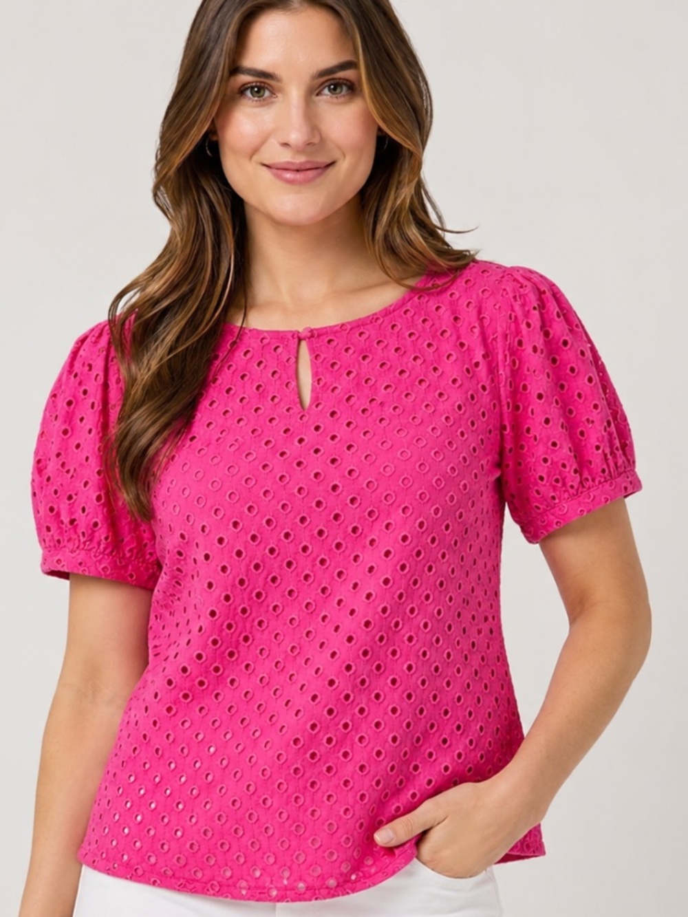 EUC Christopher & Banks Pink Eyelet Women Top Size Small | Pit to Pit 19 inches